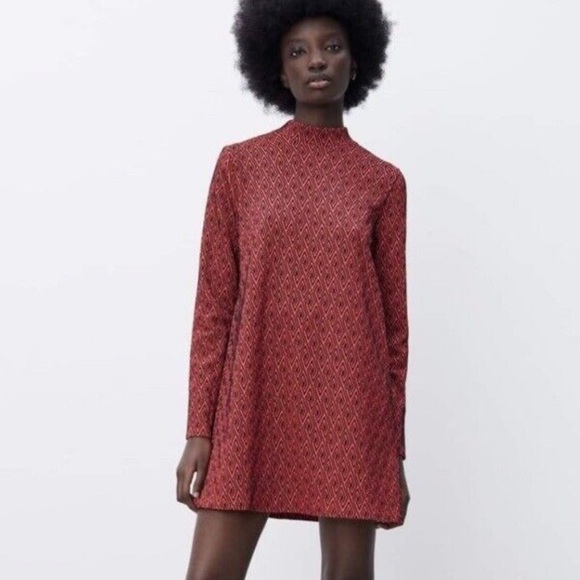 Zara Dresses & Skirts - ZARA Jacquard Mock Neck Geometric Diamond Print Shift Dress A-Line